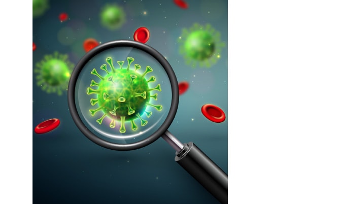 虫眼鏡でウイルスを観察するイメージ写真