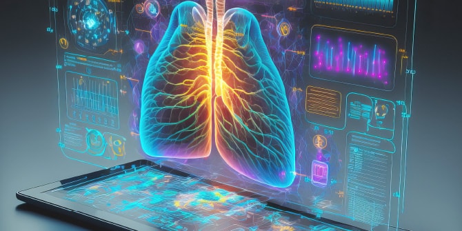 タブレットから浮かび上がる肺とデータのイメージ写真